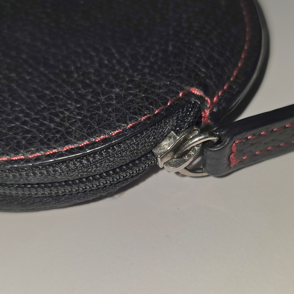 Coach Black Pebbled Leather Round Zip Coin Pouch with Red Stitching - Picture 5 of 7